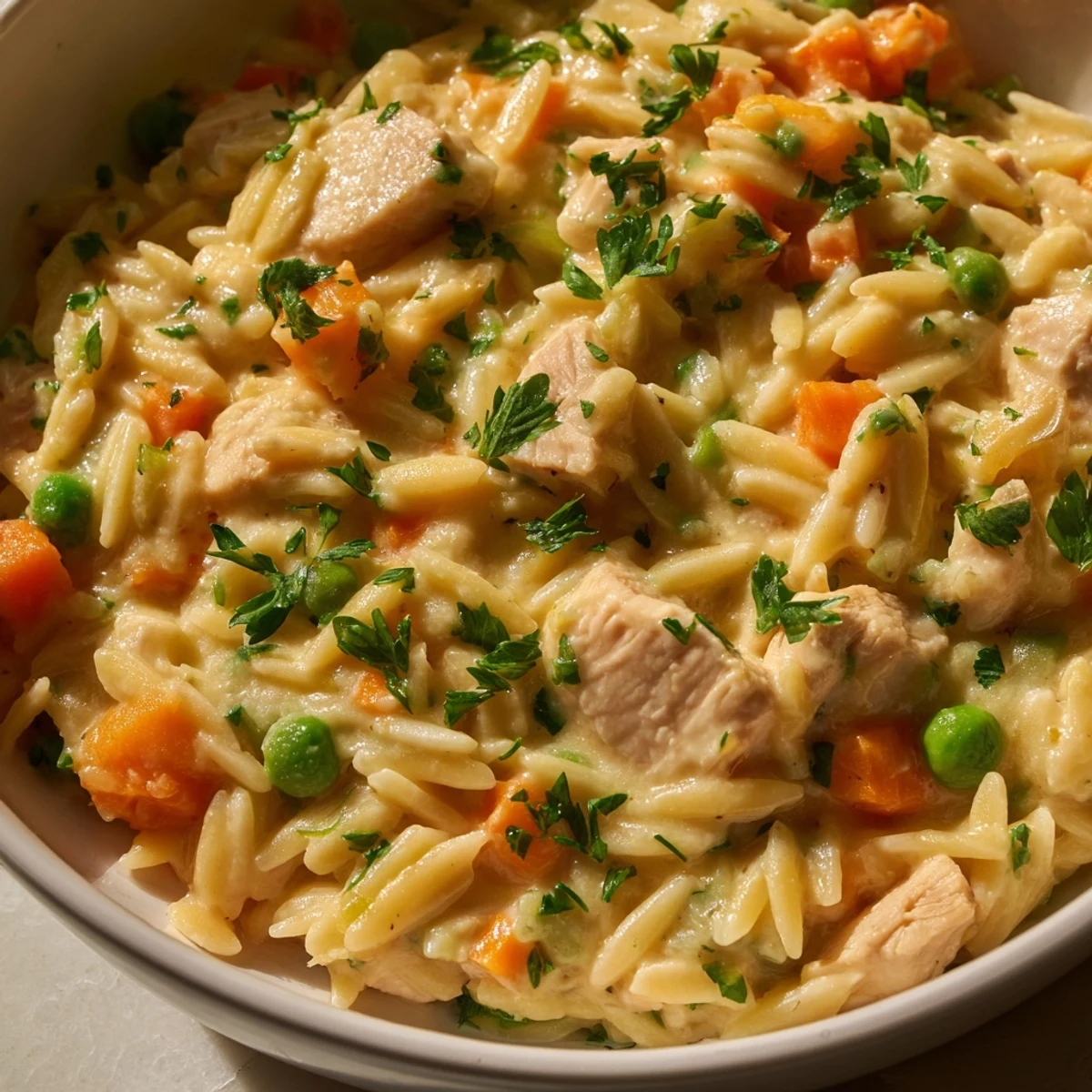 Hearty creamy chicken pot pie orzo topped with chopped herbs in a white dish