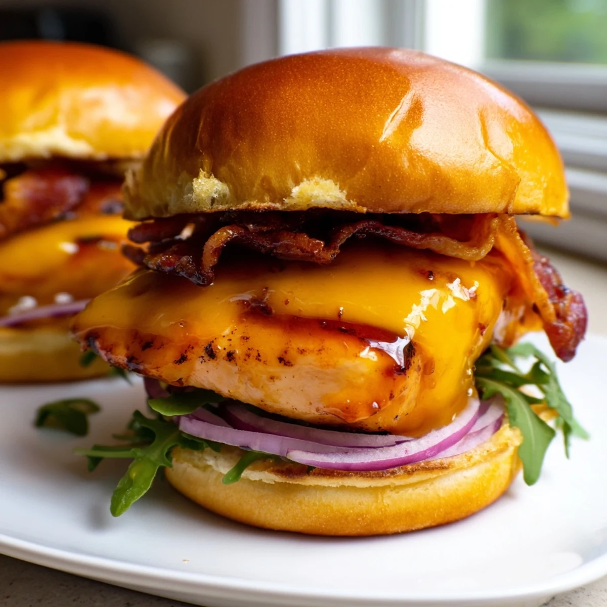 Golden maple chicken bacon sliders stacked on toasted buns with melted cheddar and crispy bacon strips