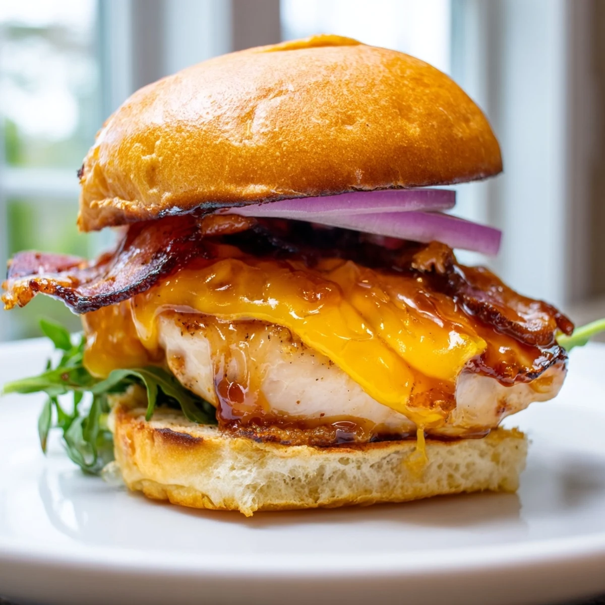 Juicy maple-glazed chicken bacon sliders topped with fresh arugula and caramelized onion on buttery buns