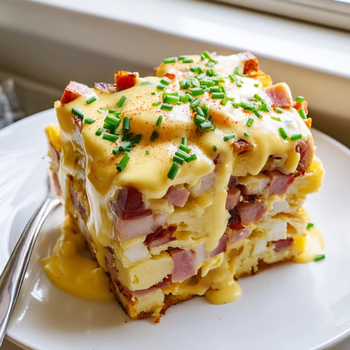 Golden Eggs Benedict Casserole with creamy hollandaise drizzled over a golden baked breakfast casserole