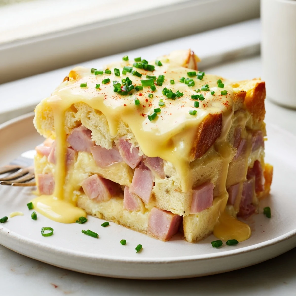 Steaming spoonful of Eggs Benedict Casserole scooped from a bubbly golden baking dish