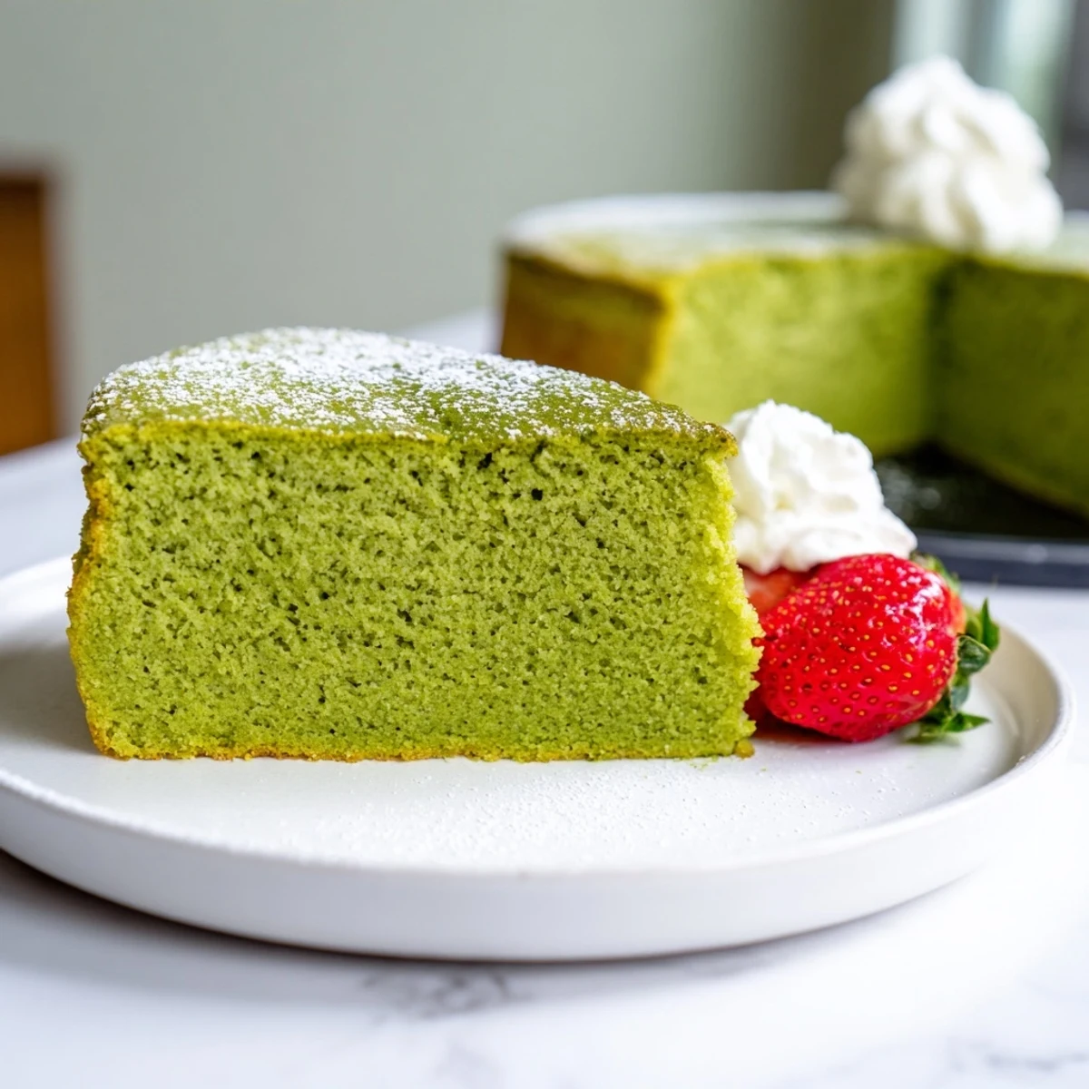 A slice of tender matcha cake dusted with powdered sugar on a white plate