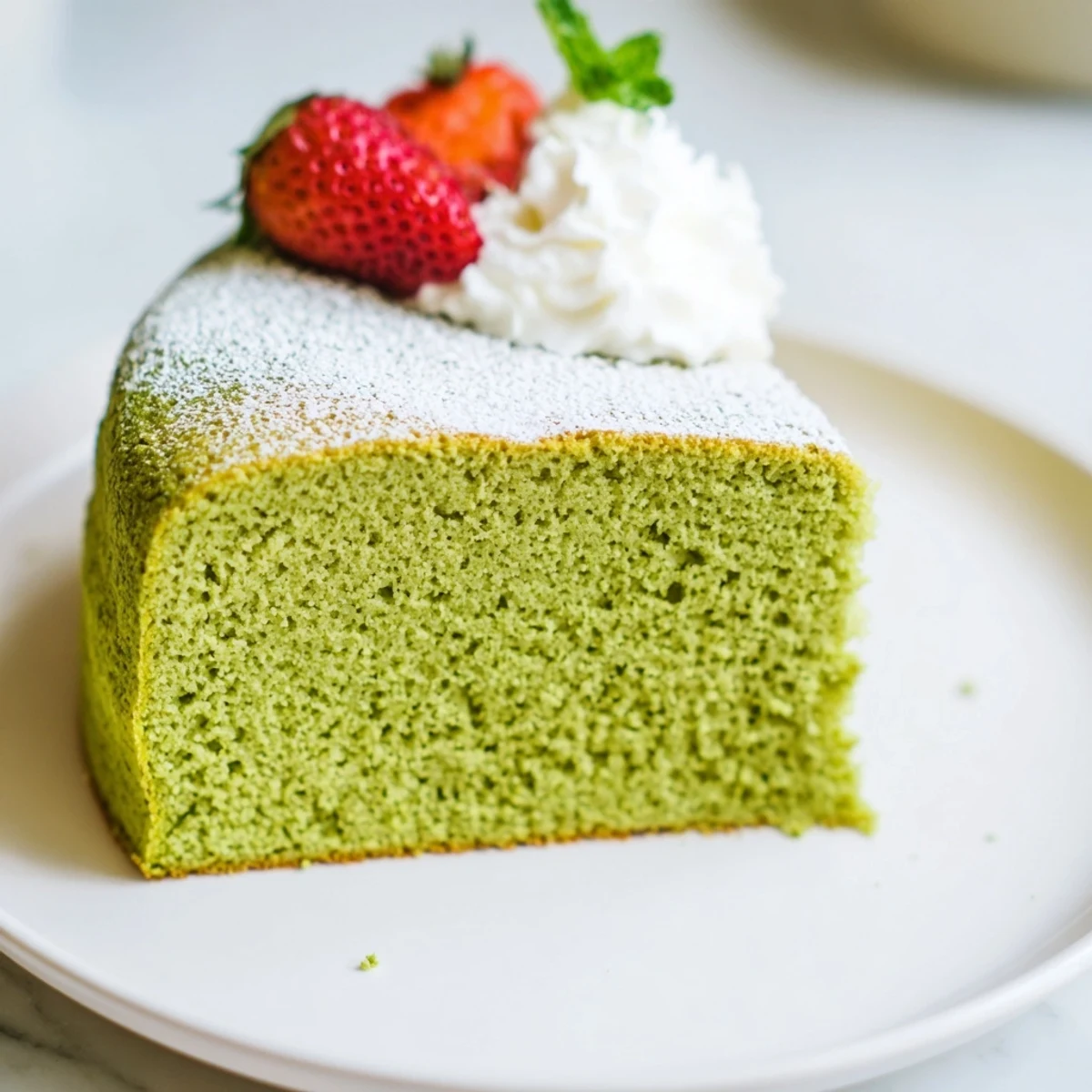 Vibrant green matcha cake served with fresh berries and a dollop of whipped cream