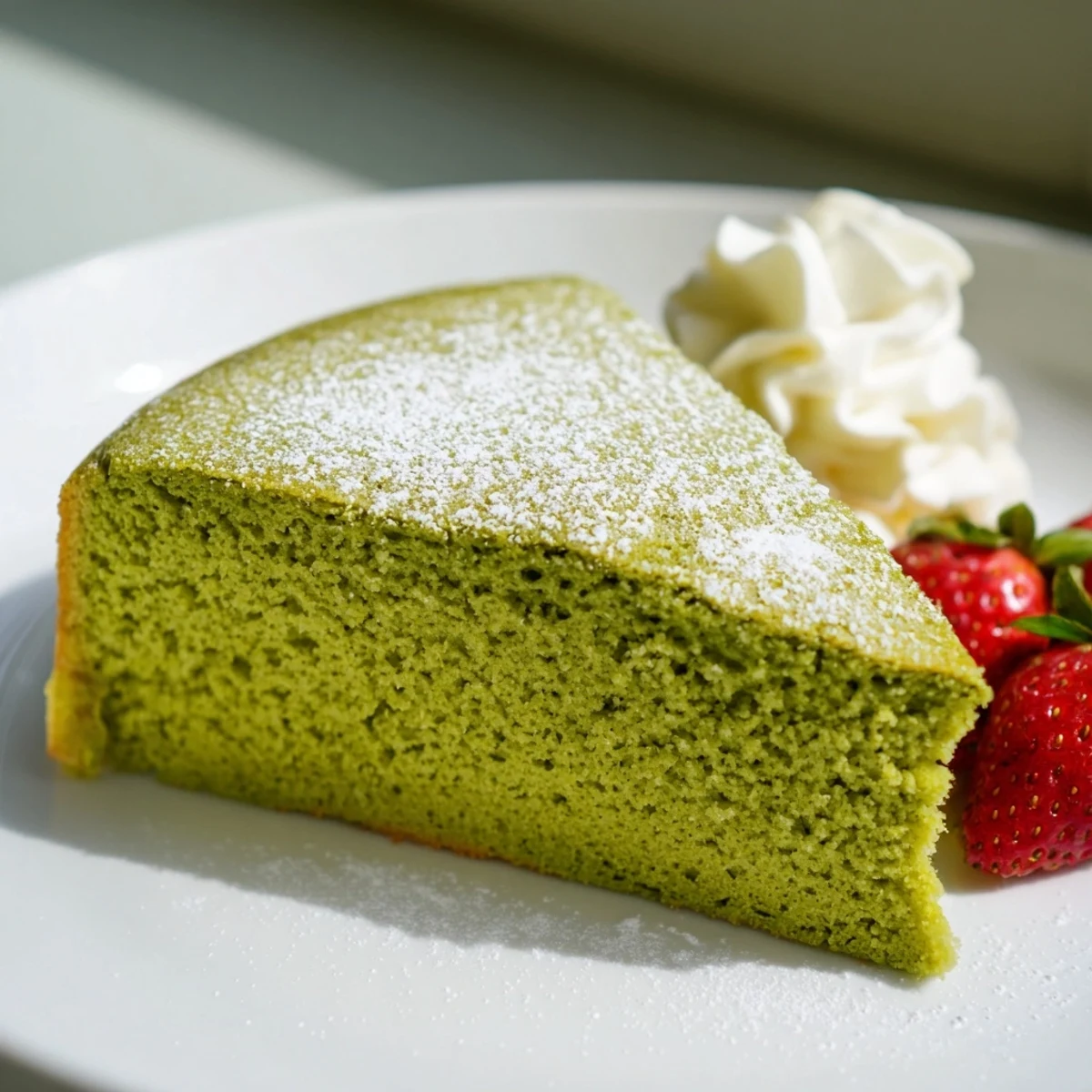 Fluffy matcha cake with a golden crust cooling on a wire baking rack