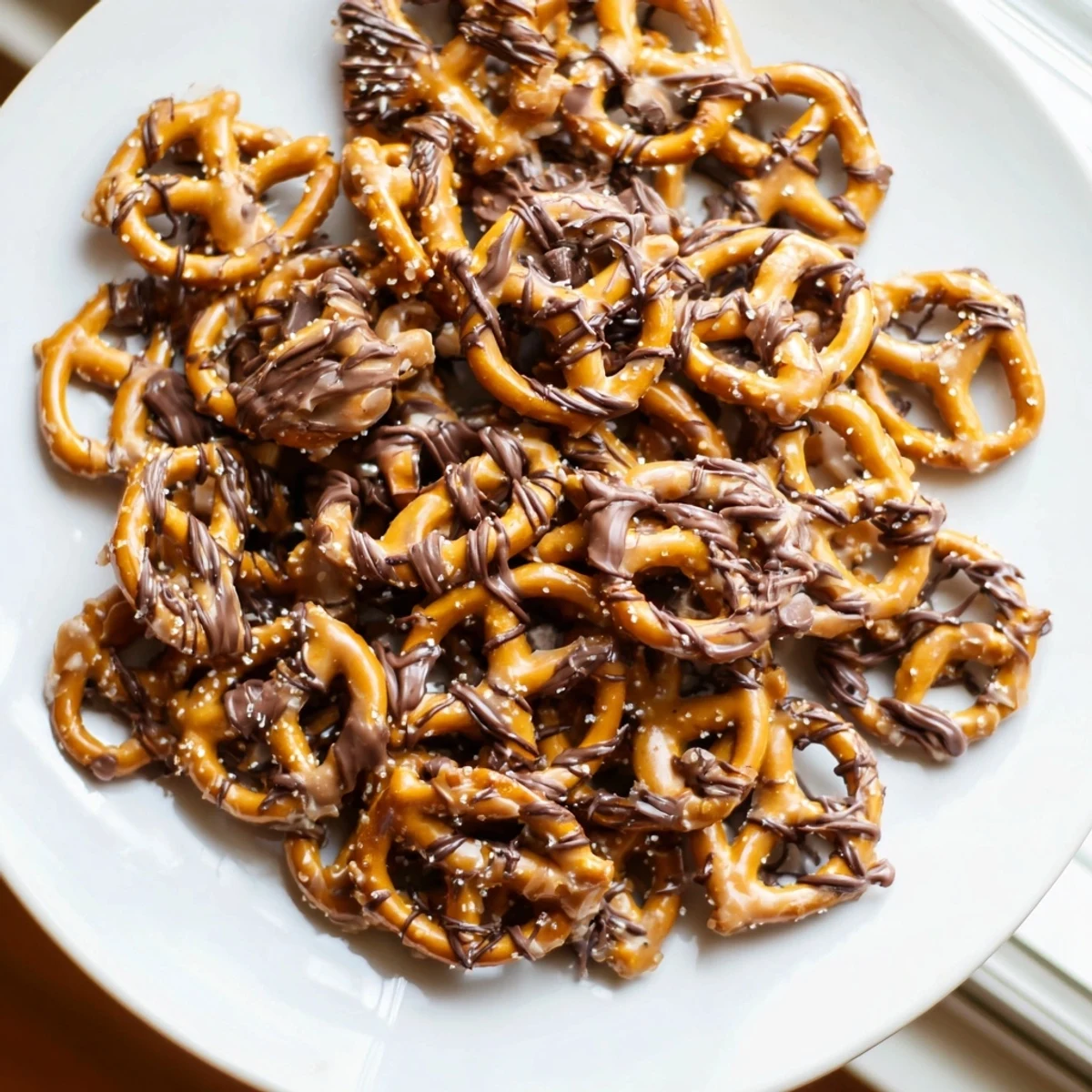 Golden butter toffee pretzels glistening with a rich chocolate drizzle on parchment paper