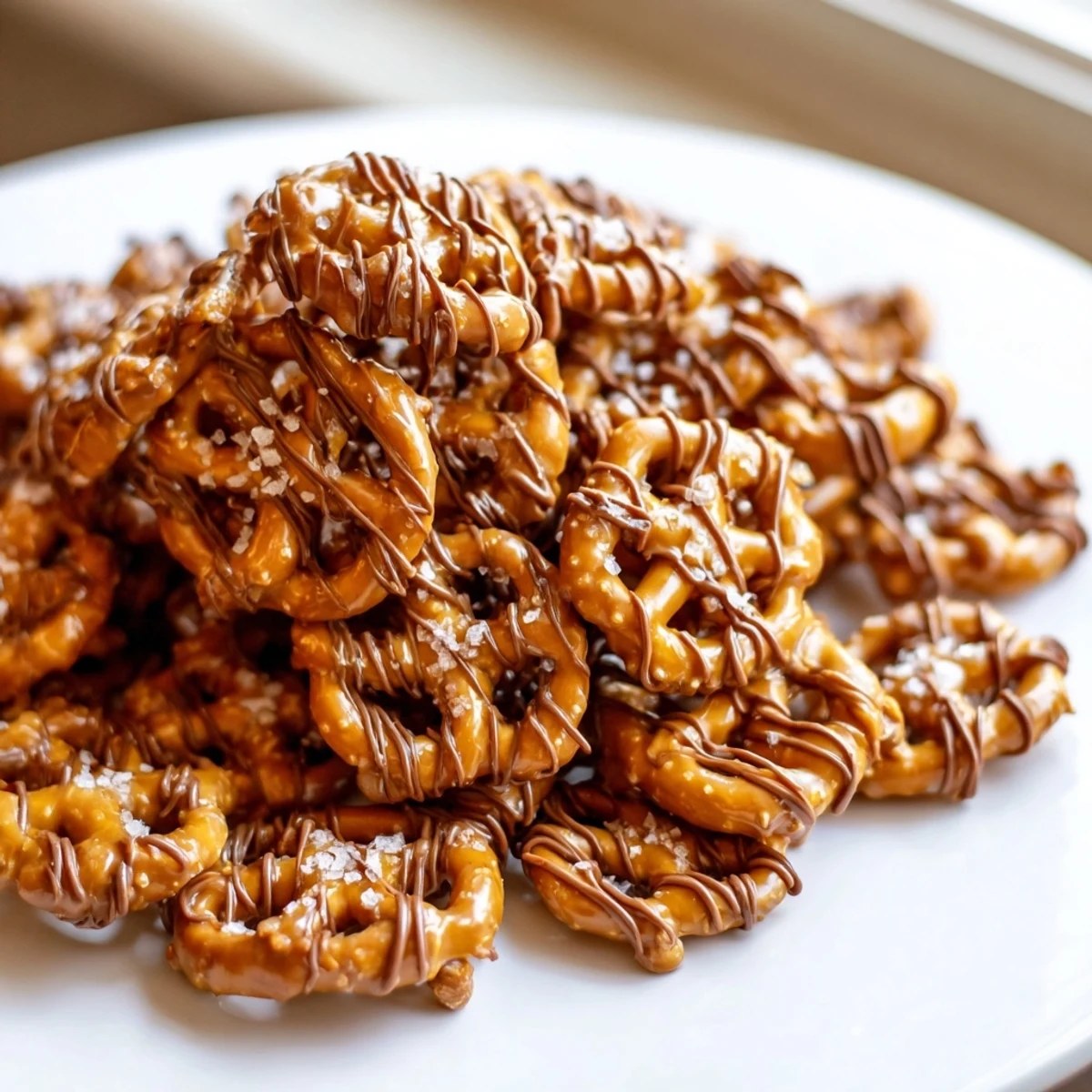 Sweet and salty butter toffee pretzels coated in glossy caramel toffee with chocolate