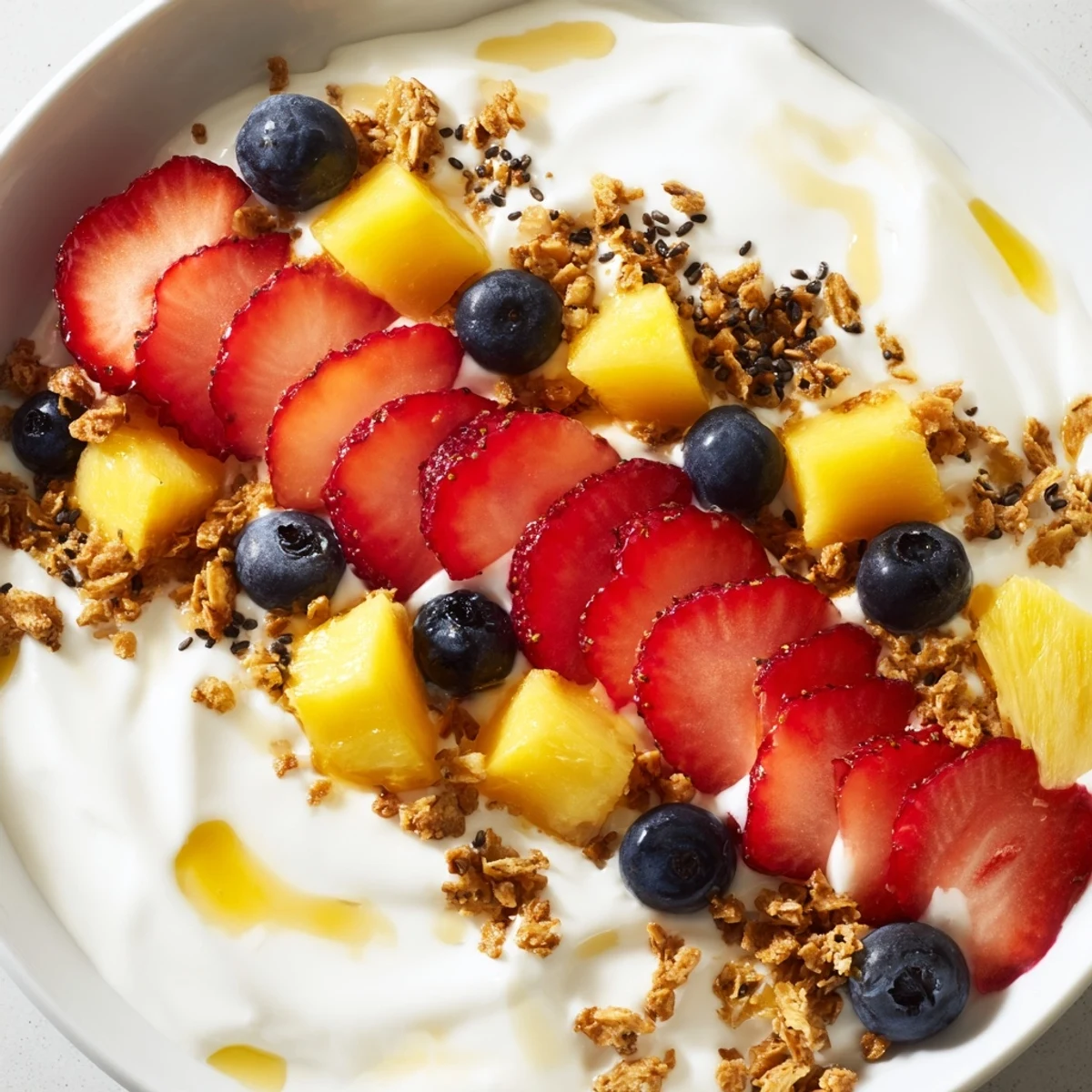 Creamy yogurt fruit bowl topped with fresh strawberries, blueberries, and crunchy granola