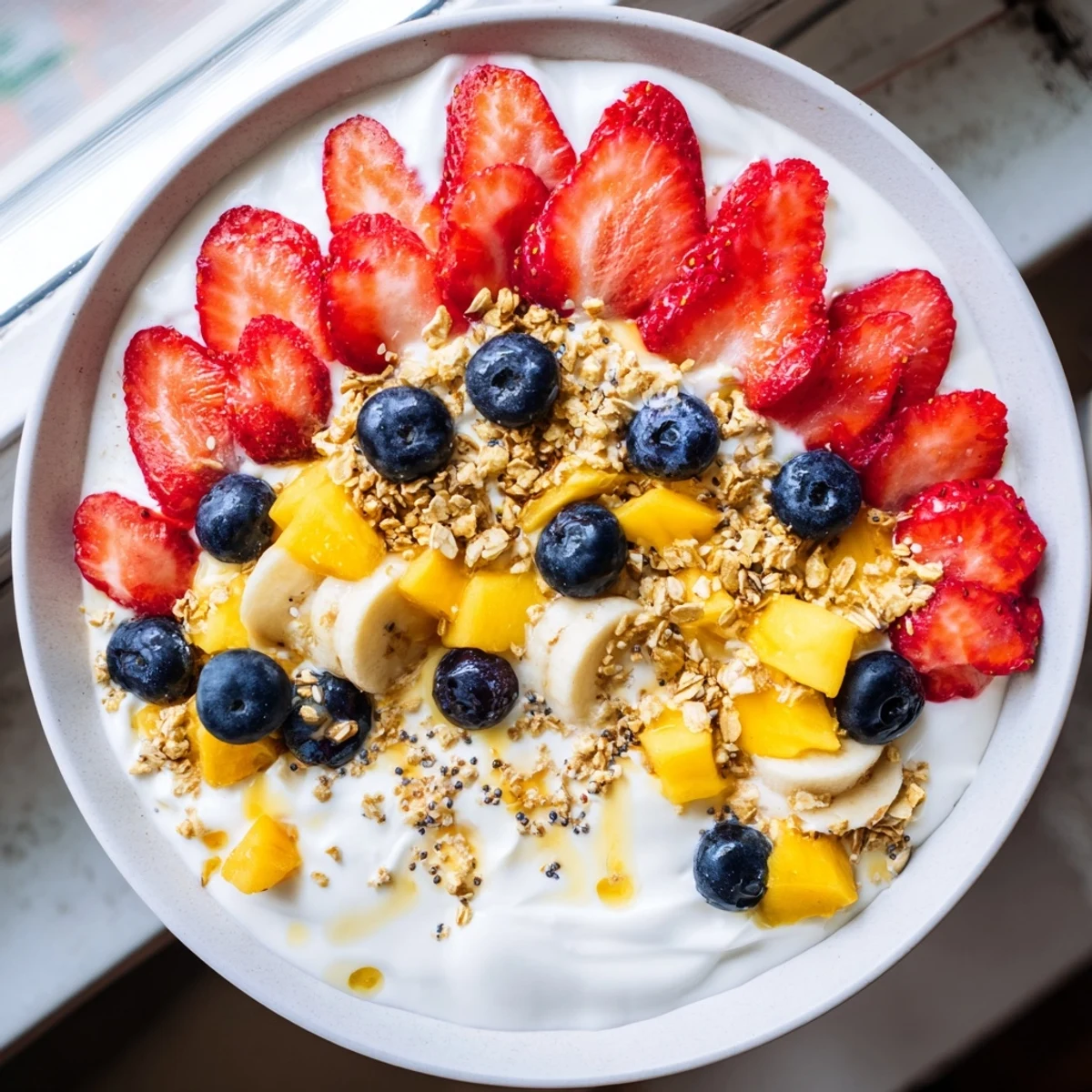 Vibrant yogurt fruit bowl featuring ripe mango, banana slices, and a honey drizzle