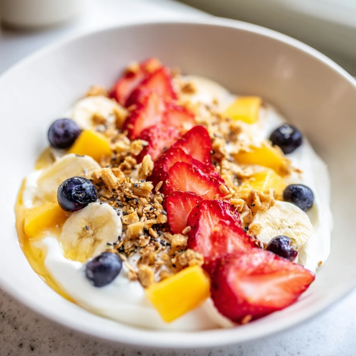 Thick Greek yogurt fruit bowl sprinkled with chia seeds and colorful seasonal berries