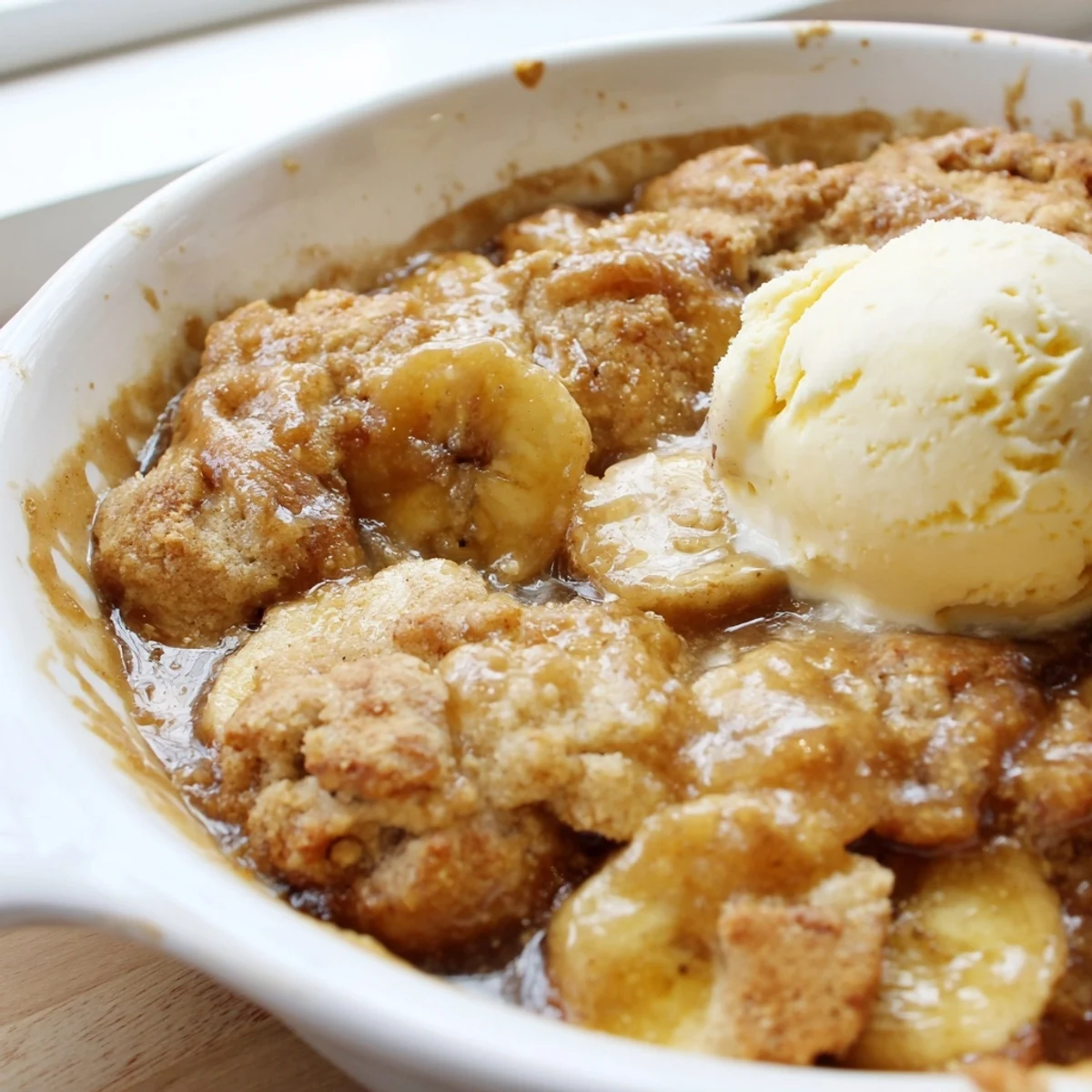 Golden Southern banana cobbler with caramelized fruit bubbling under a buttery crust