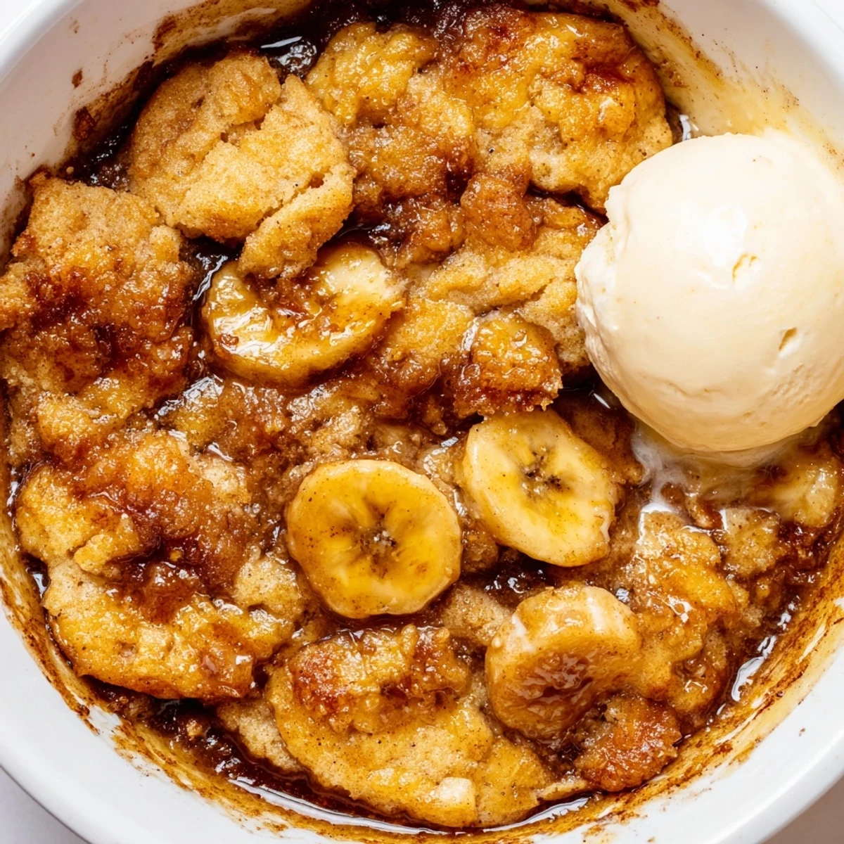 Warm Southern banana cobbler served in a rustic dish with whipped cream