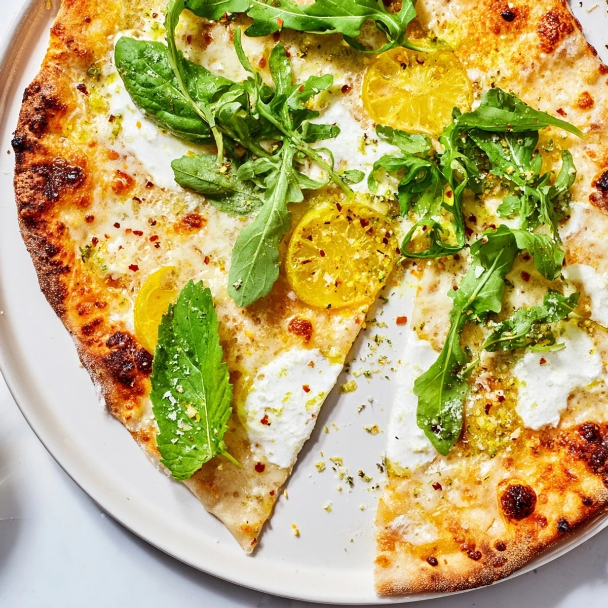 Crispy lemon pizza topped with creamy mozzarella, fresh arugula, and fragrant basil leaves