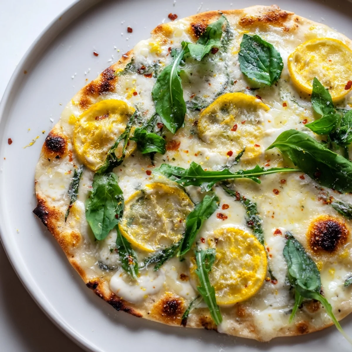 Tangy lemon pizza with bubbling cheese, thinly sliced citrus, and a peppery arugula garnish