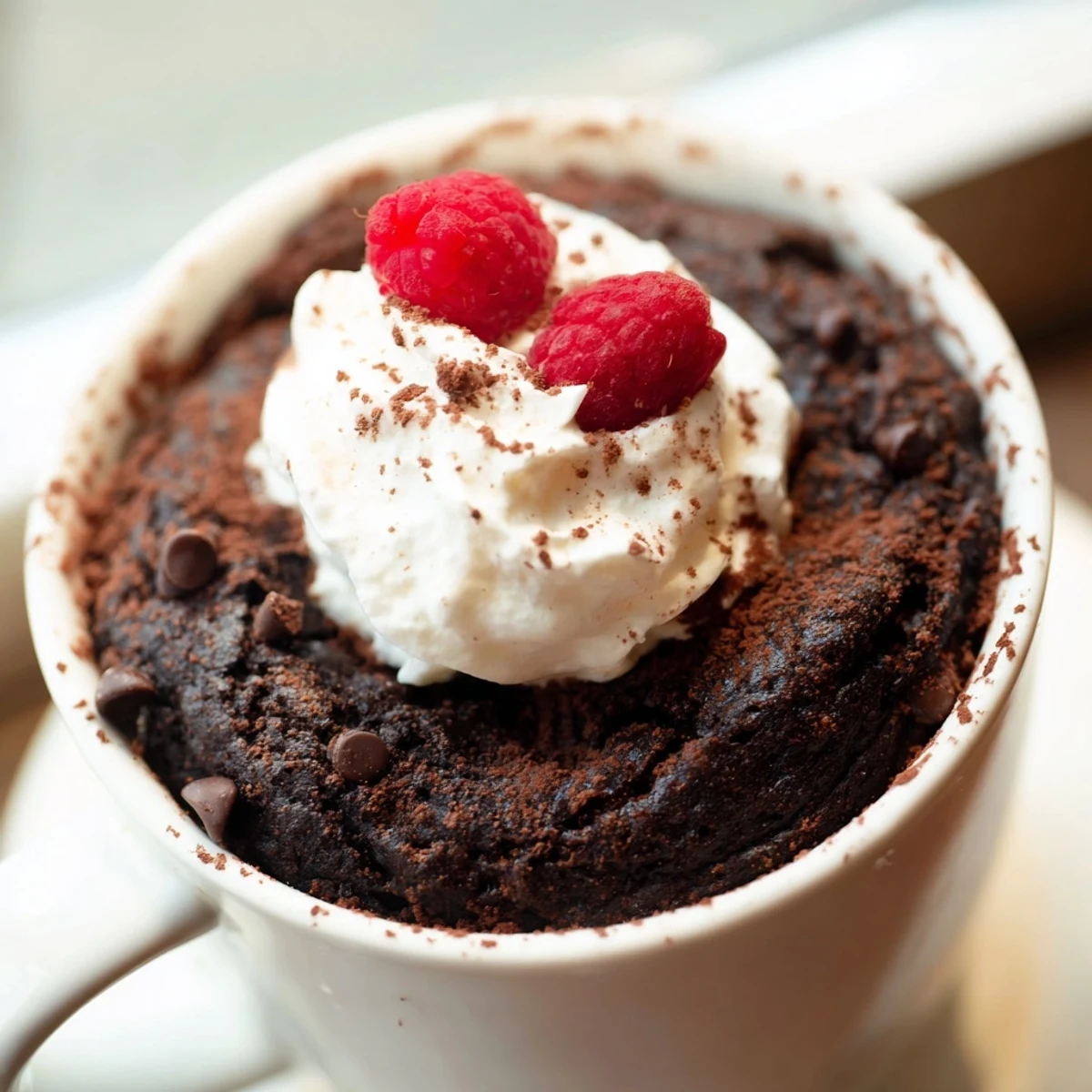 Warm gluten free chocolate mug cake topped with whipped cream in a ceramic mug