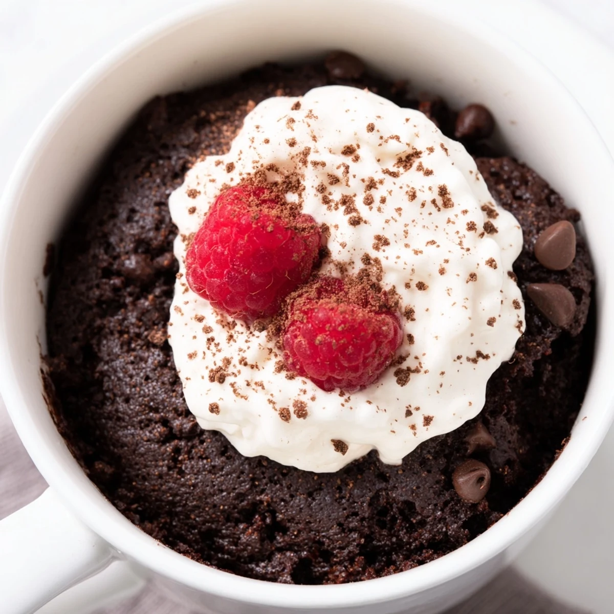 Moist gluten free chocolate mug cake served with fresh berries on a rustic plate