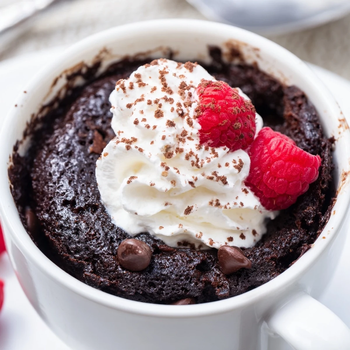 Fudgy gluten free chocolate mug cake fresh from the microwave with melty chips