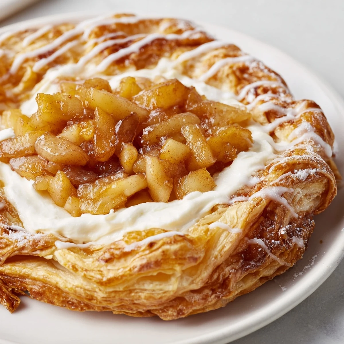 Warm apple cheese danishes on a baking tray topped with cinnamon apples and creamy cheese
