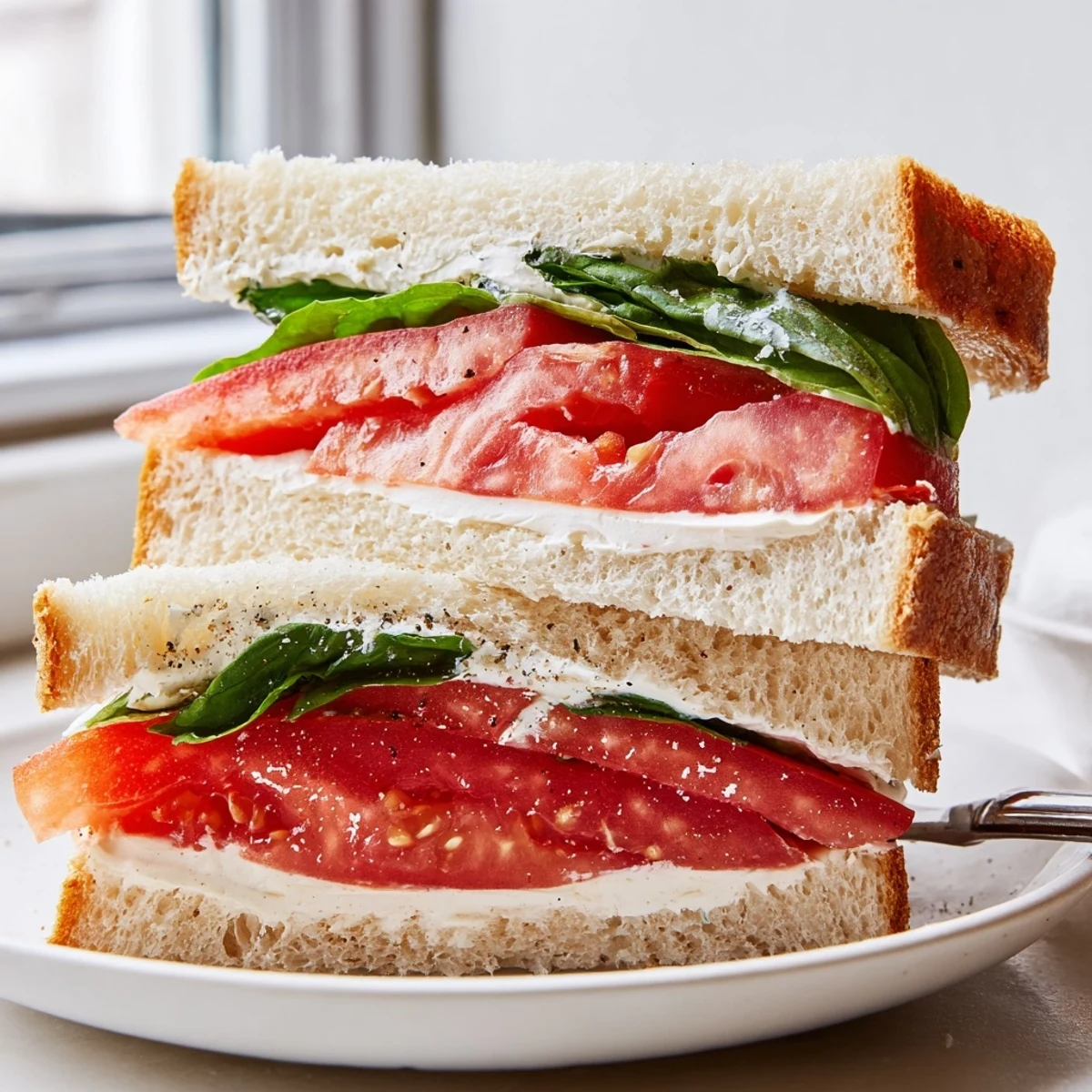 Crisp golden bread holding a generous tomato sandwich with black pepper