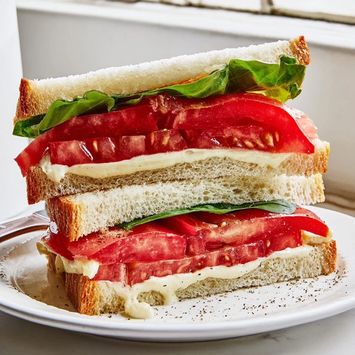 Classic tomato sandwich layered with thick slices and fragrant basil leaves