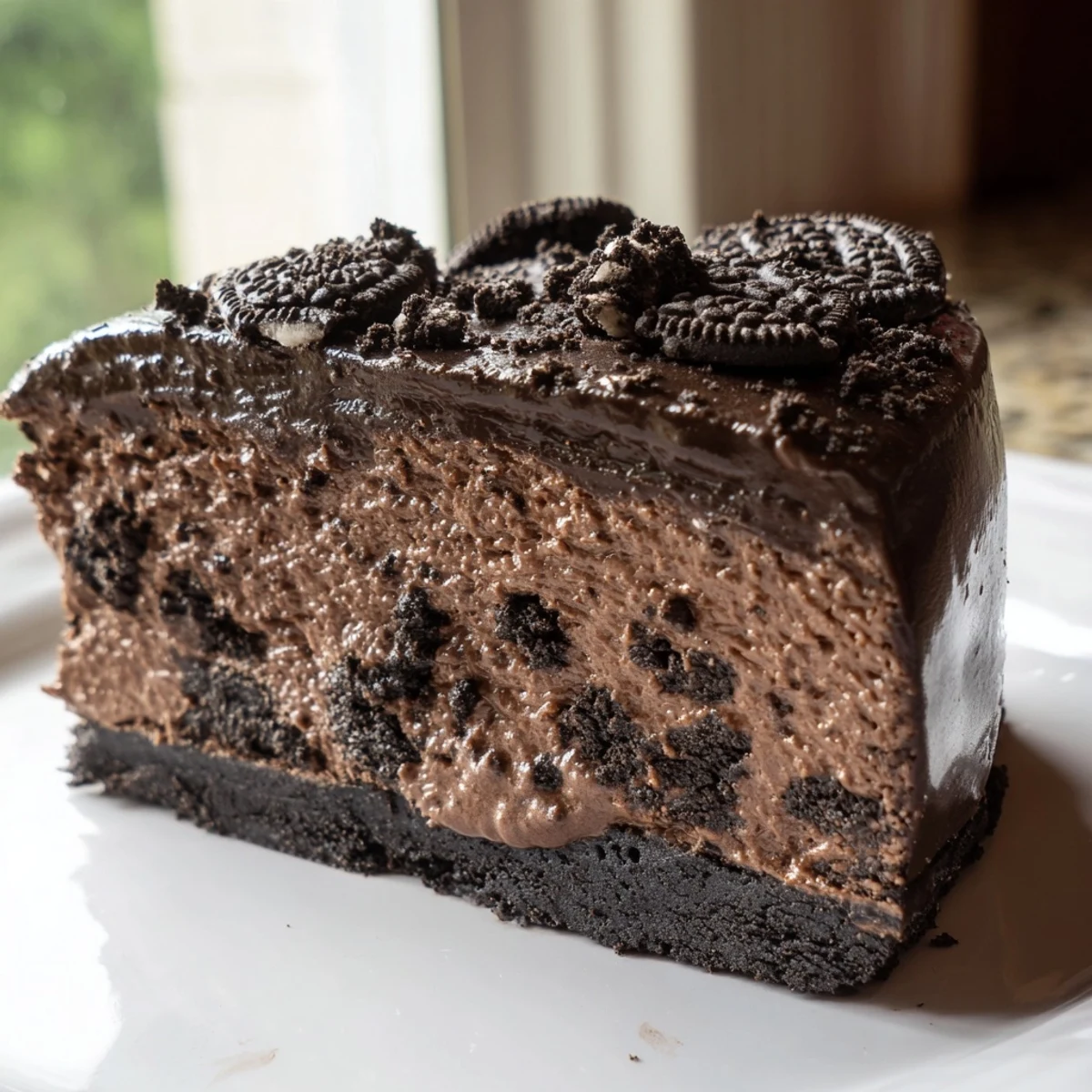 Creamy Oreo chocolate cheesecake sliced and topped with glossy dark ganache