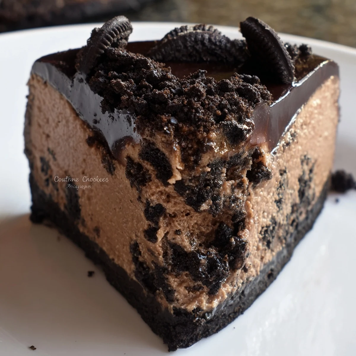 Rich Oreo chocolate cheesecake with cookie crust on a dessert plate