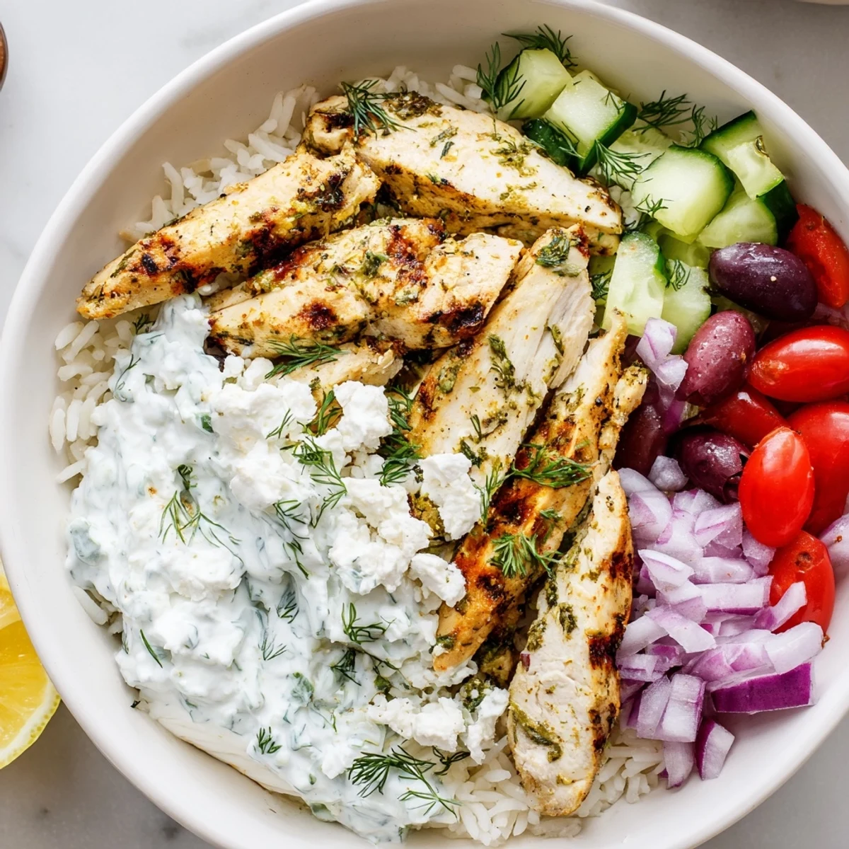 Juicy herbed grilled Greek chicken bowls with crisp veggies and creamy tzatziki sauce