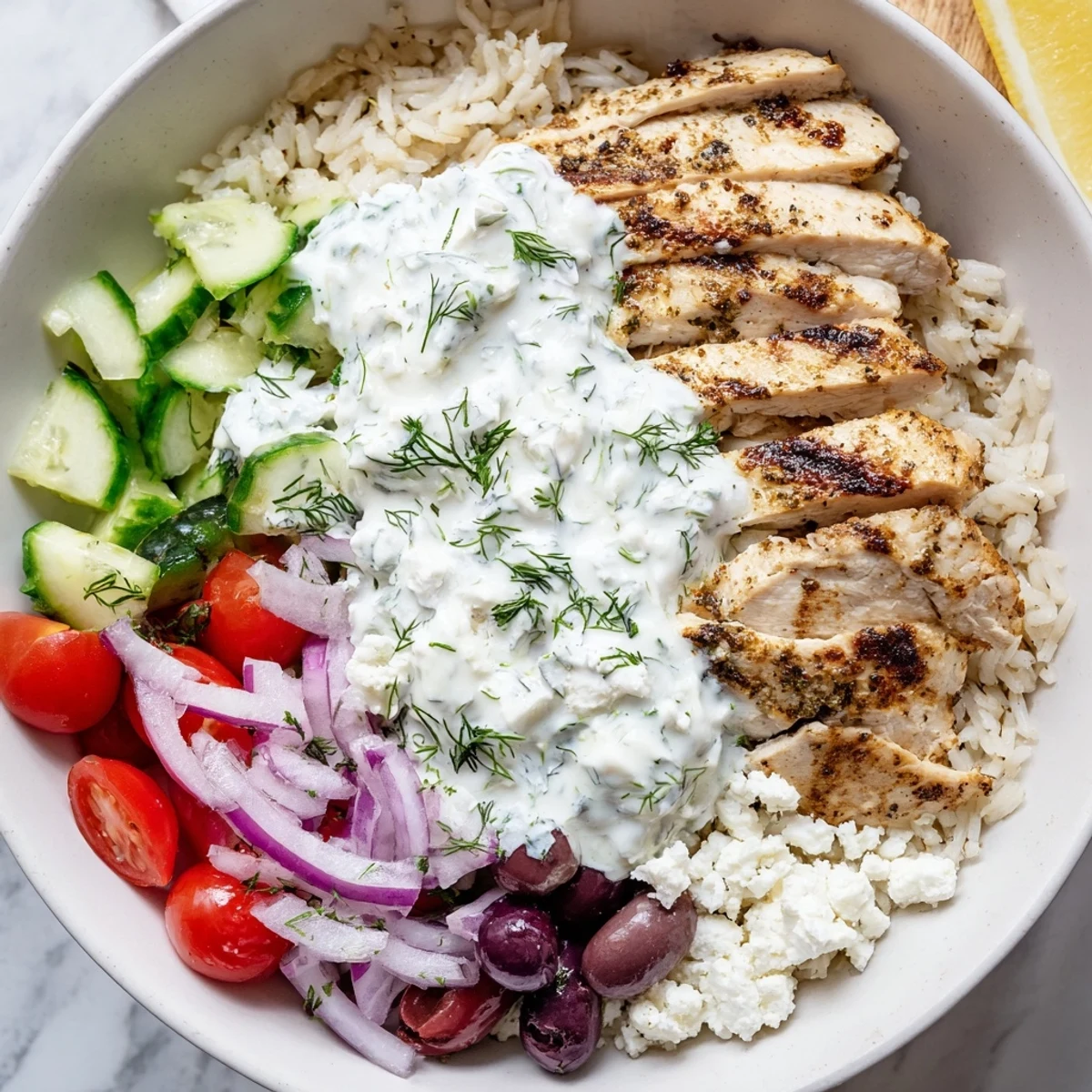 Golden sliced chicken over steamed rice in vibrant Greek chicken bowls with tangy tzatziki