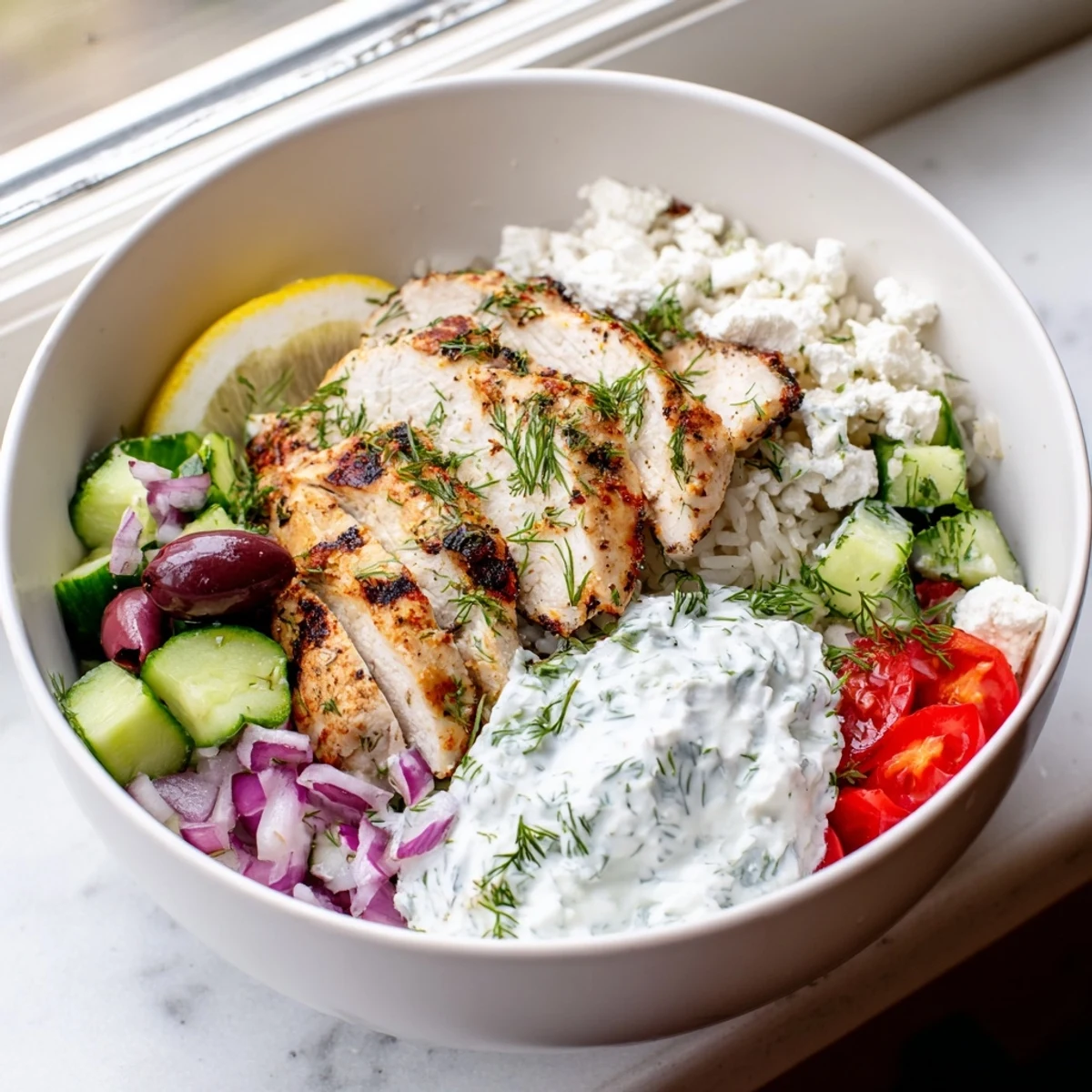 Colorful Greek chicken bowls layered with fluffy rice, feta cheese, and fresh Mediterranean toppings