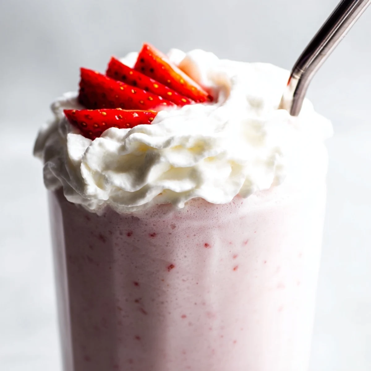 A creamy strawberry milkshake topped with whipped cream and fresh berry slices