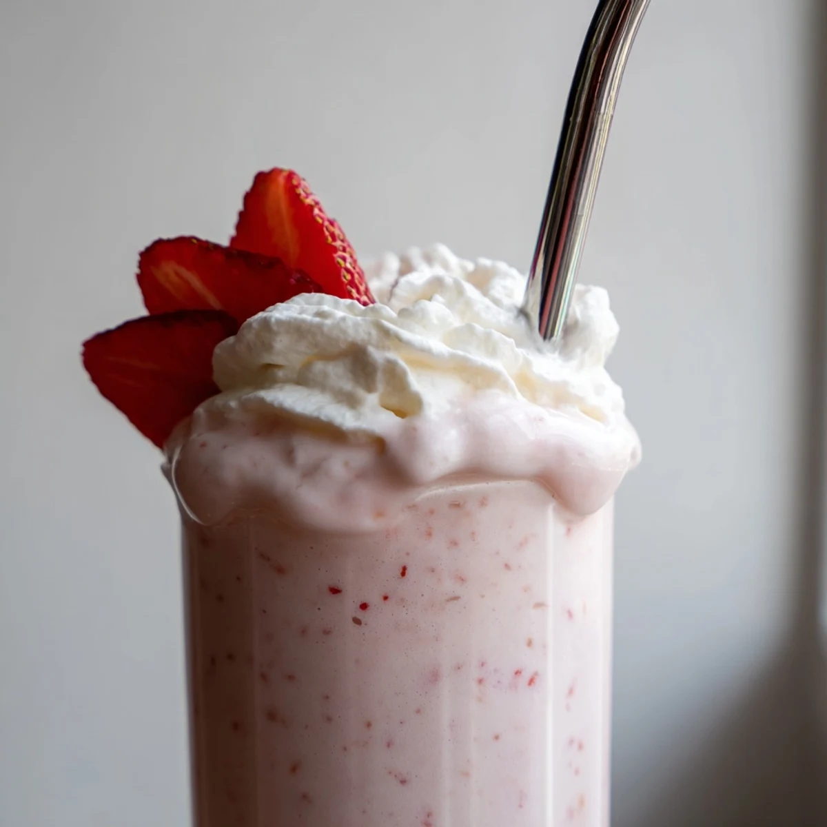 Chilled strawberry milkshake garnished with fluffy whipped cream on a sunny afternoon