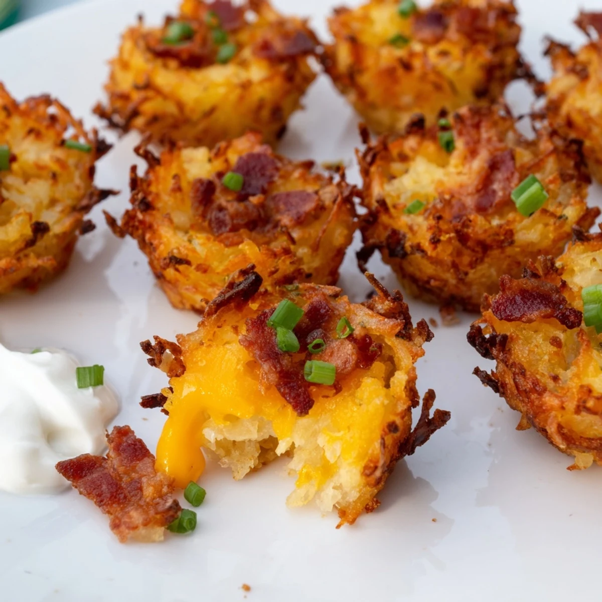 Golden crispy cheesy loaded hashbrown bites overflowing with melted cheddar and bacon bits