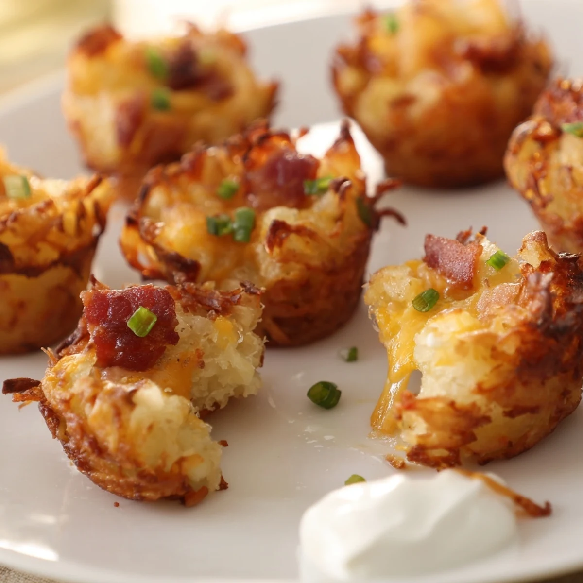 Crispy baked cheesy loaded hashbrown bites on a platter served warm for brunch