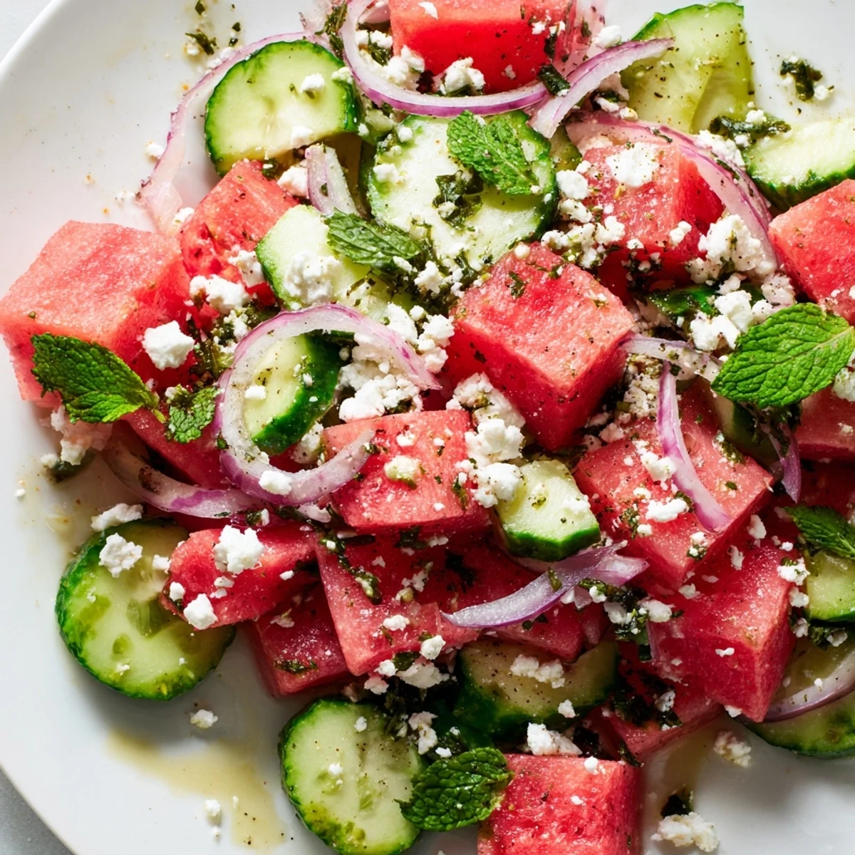 Refreshing watermelon cucumber salad with mint and lime dressing in a white bowl  
