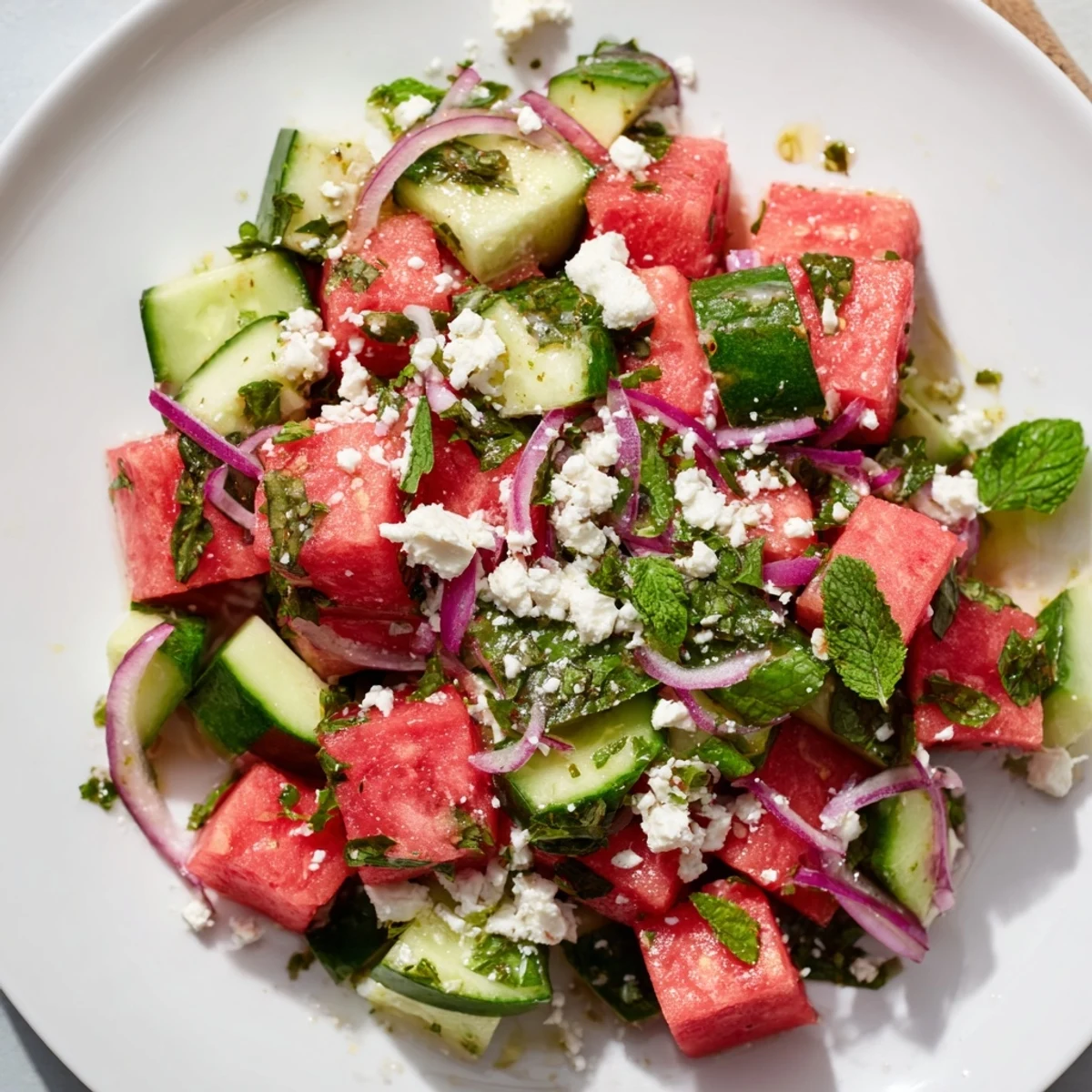 Crisp watermelon cucumber salad topped with feta and fresh mint on a wooden board  