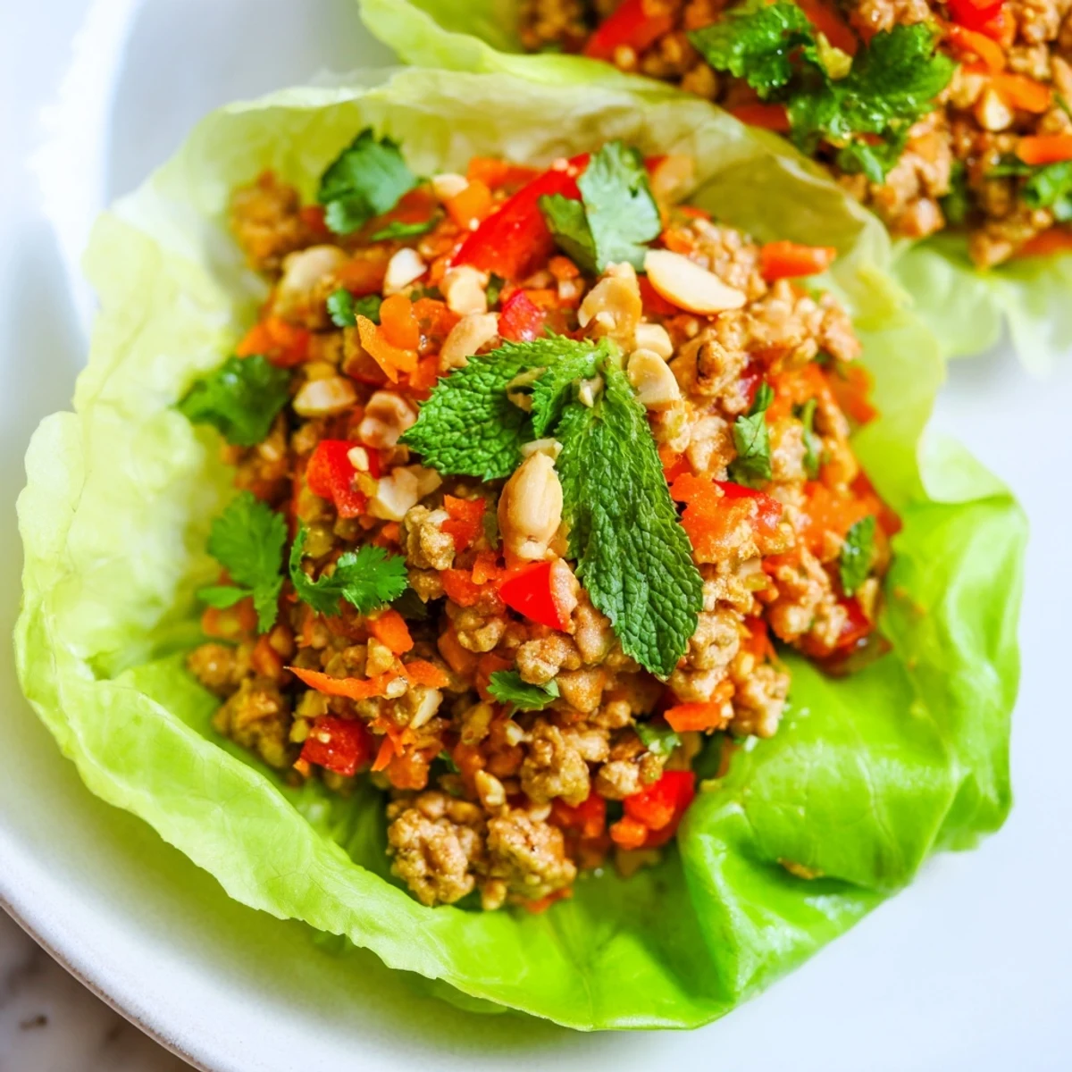 Minced chicken filling crisp lettuce leaves in this vibrant Thai dish  