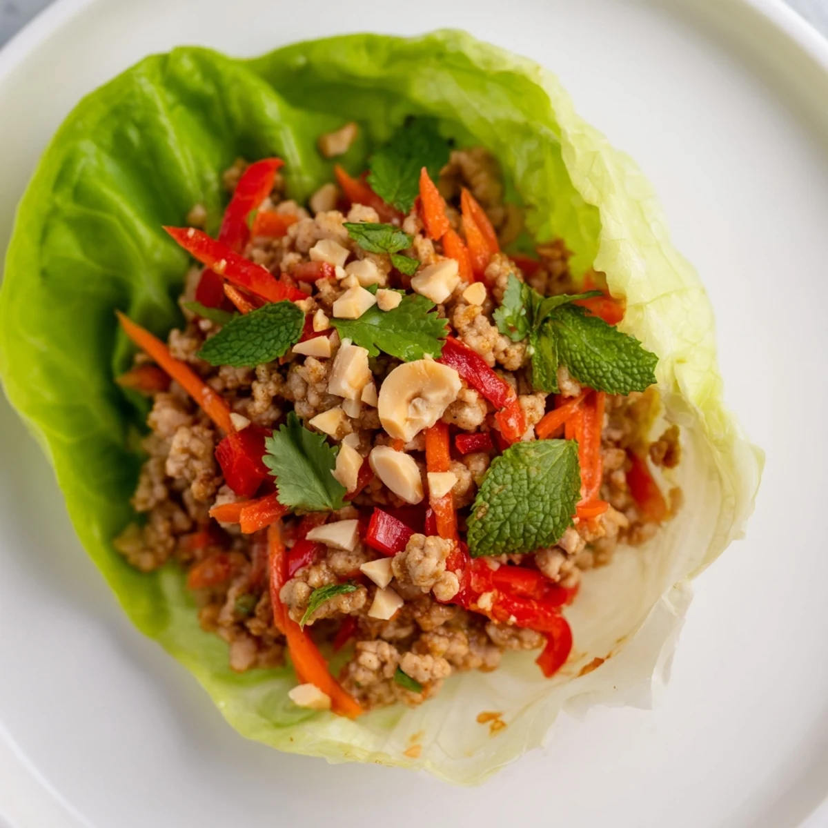 Savory Thai chicken lettuce wraps topped with fresh herbs and crunchy peanuts  