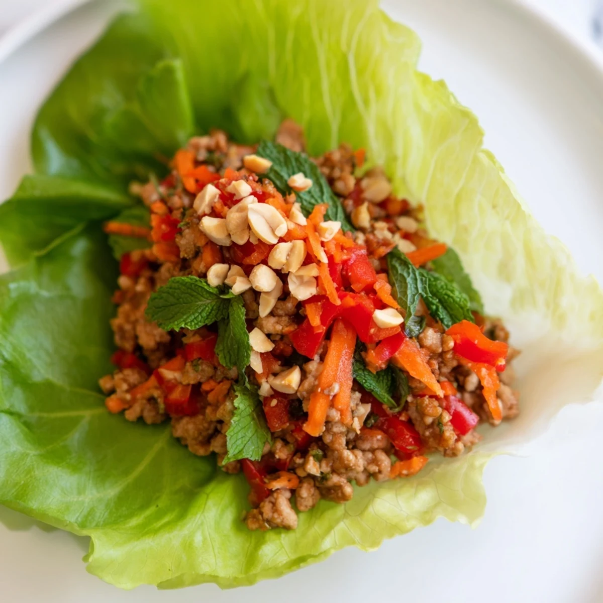 Healthy Thai chicken lettuce wraps served with mint and lime wedges