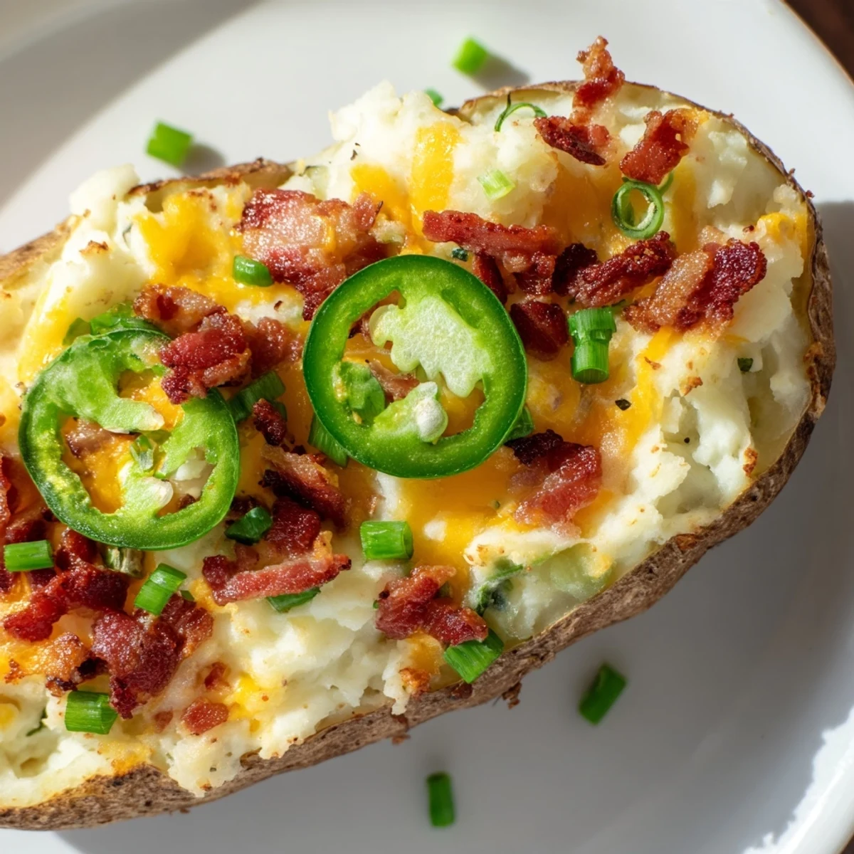 Golden, cheesy Jalapeno Popper Twice Baked Potatoes topped with crispy bacon and fresh jalapenos.  