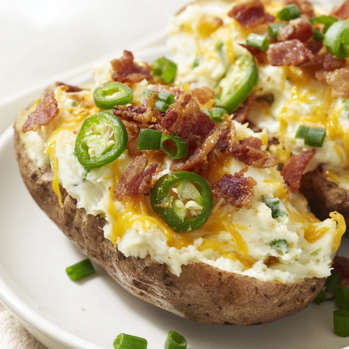 Creamy, spicy Jalapeno Popper Twice Baked Potatoes with melted cheddar and garnish of green onions.  