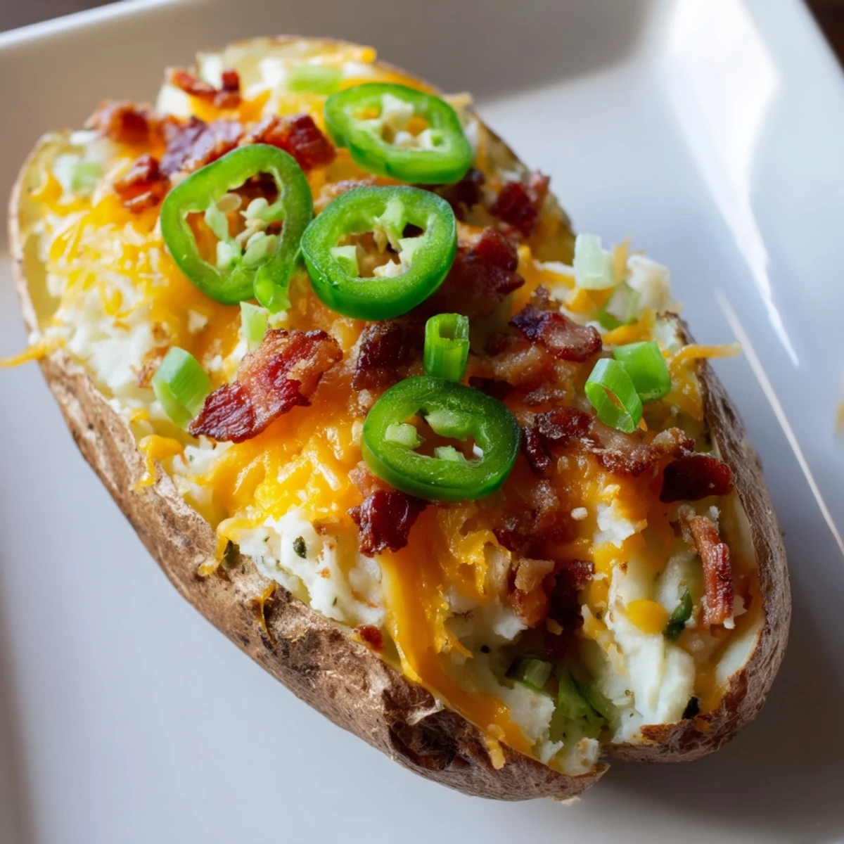 Hearty Jalapeno Popper Twice Baked Potatoes served warm with bubbling cheese and crisp bacon bits.