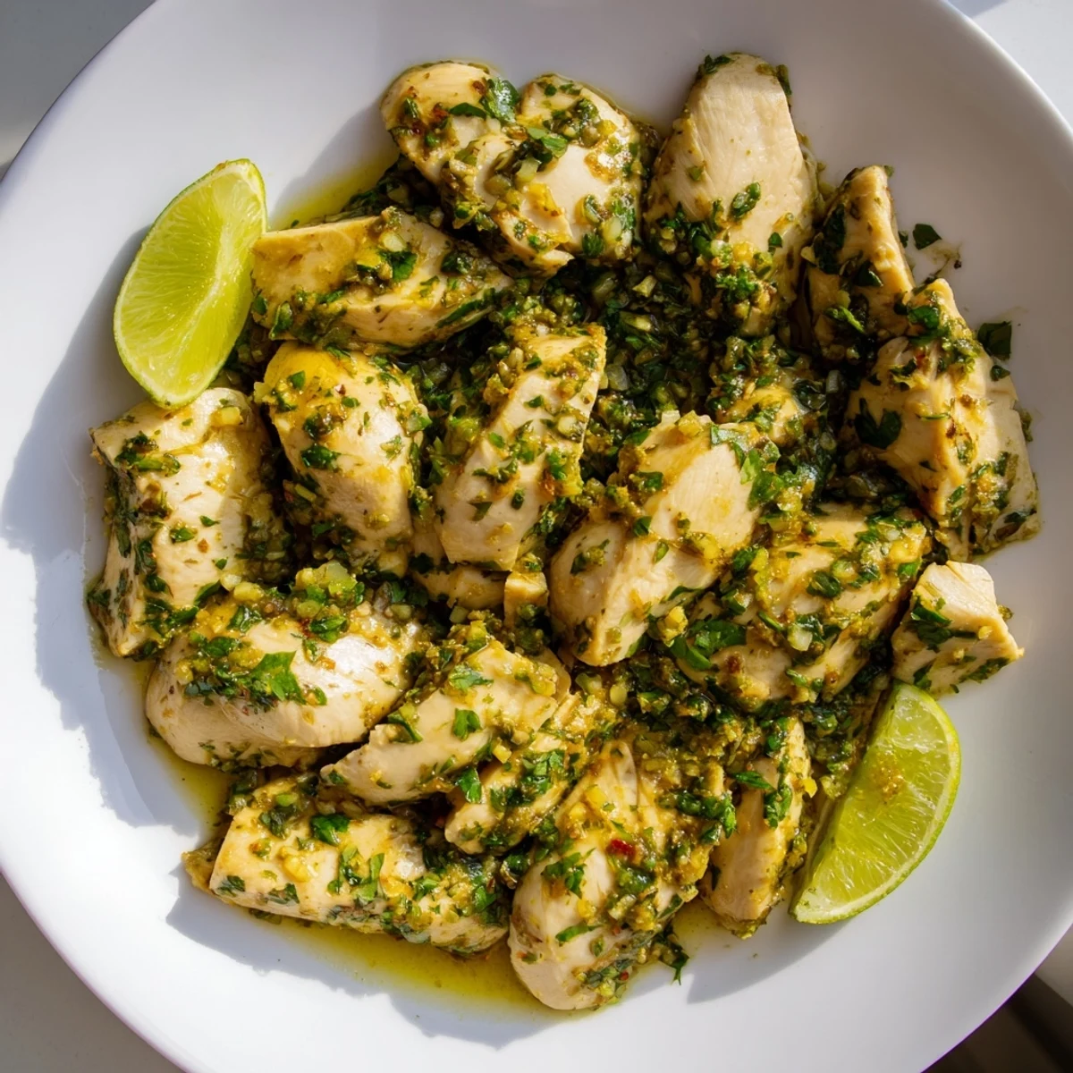 Sliced Cilantro Lime Chicken breast with vibrant marinade and extra cilantro sprinkles