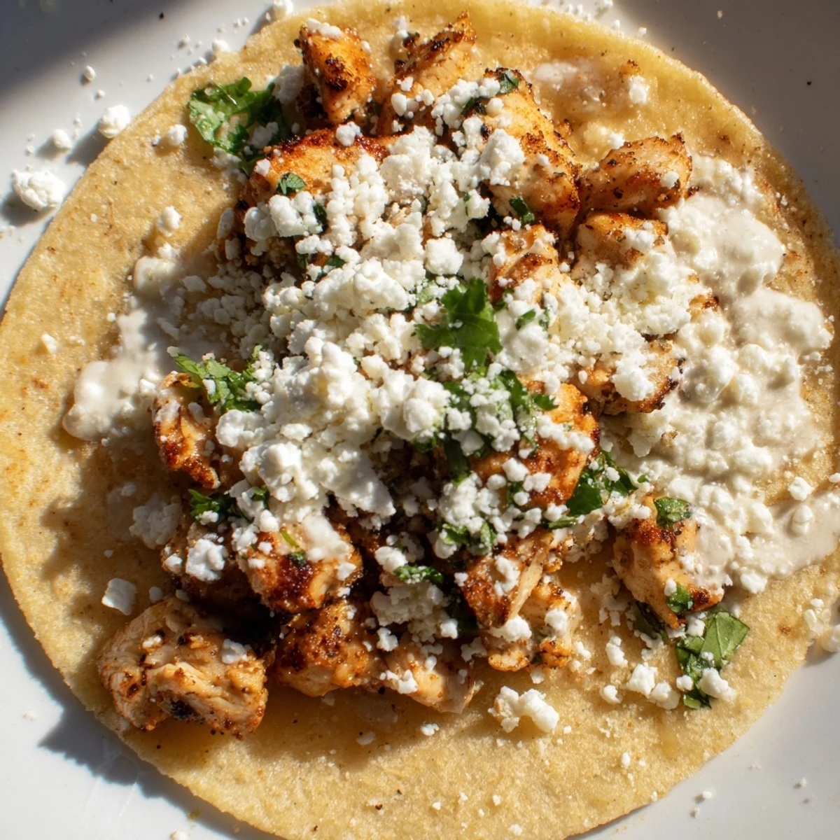 Crispy tortillas filled with spiced chicken and creamy street corn topping topped with fresh cilantro.