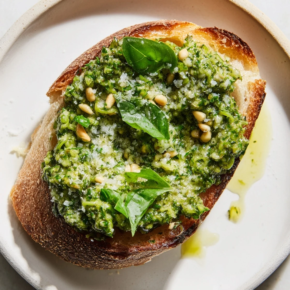 Vibrant green garlic scape pesto drizzled over fresh pasta with basil leaves.  