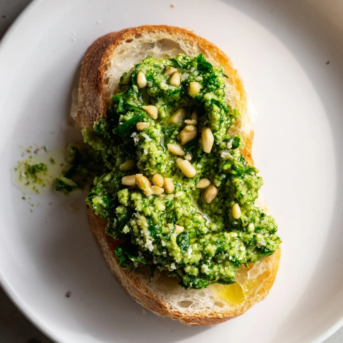Creamy garlic scape pesto spread on crusty bread with pine nut garnish.  