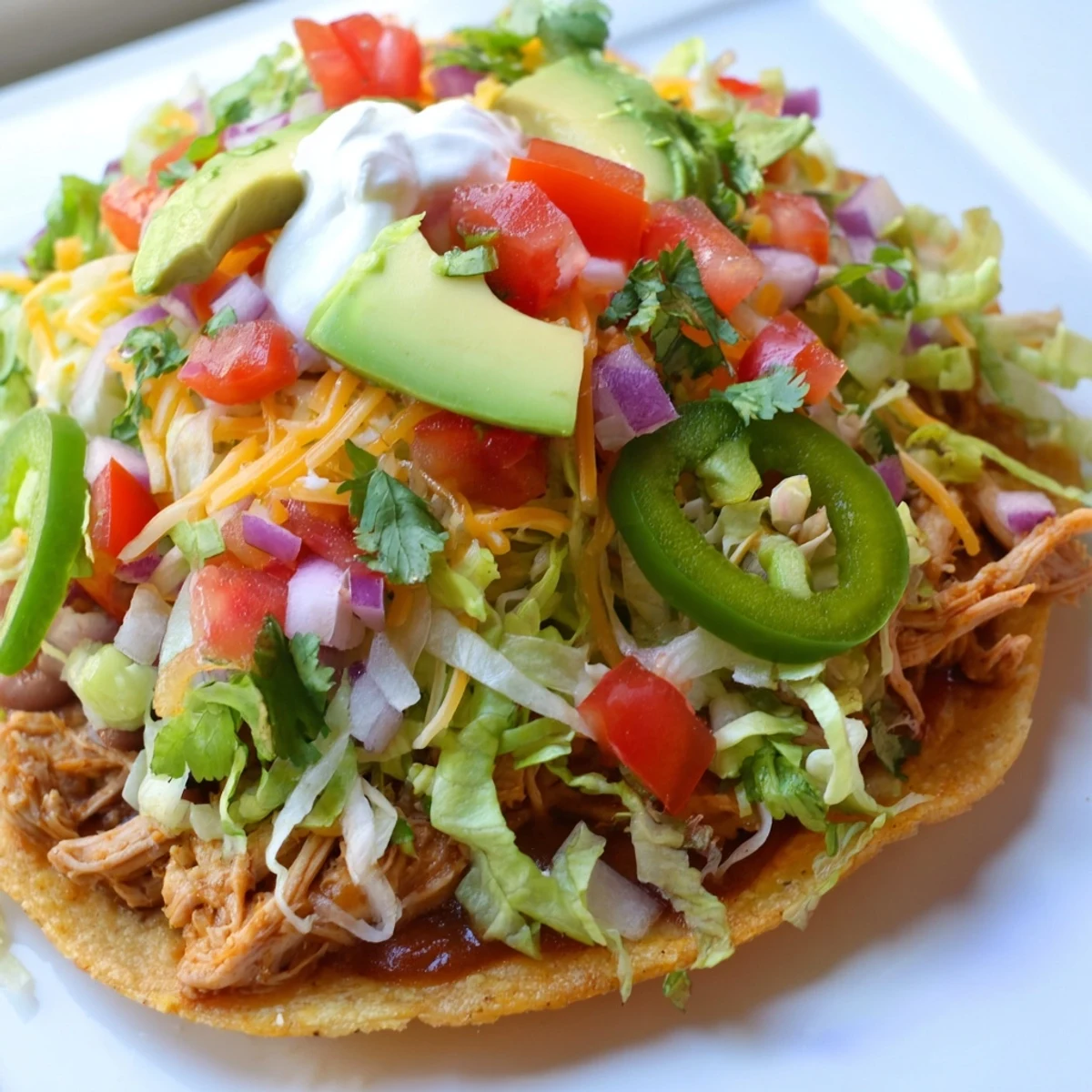 Crispy Chicken Tostadas topped with fresh lettuce, cheese, and creamy sour cream  