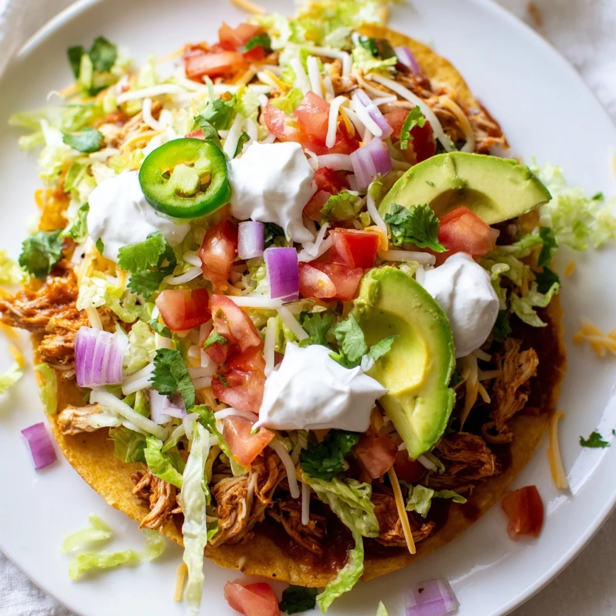 Golden corn shells loaded with seasoned chicken, tomatoes, and sliced avocado  