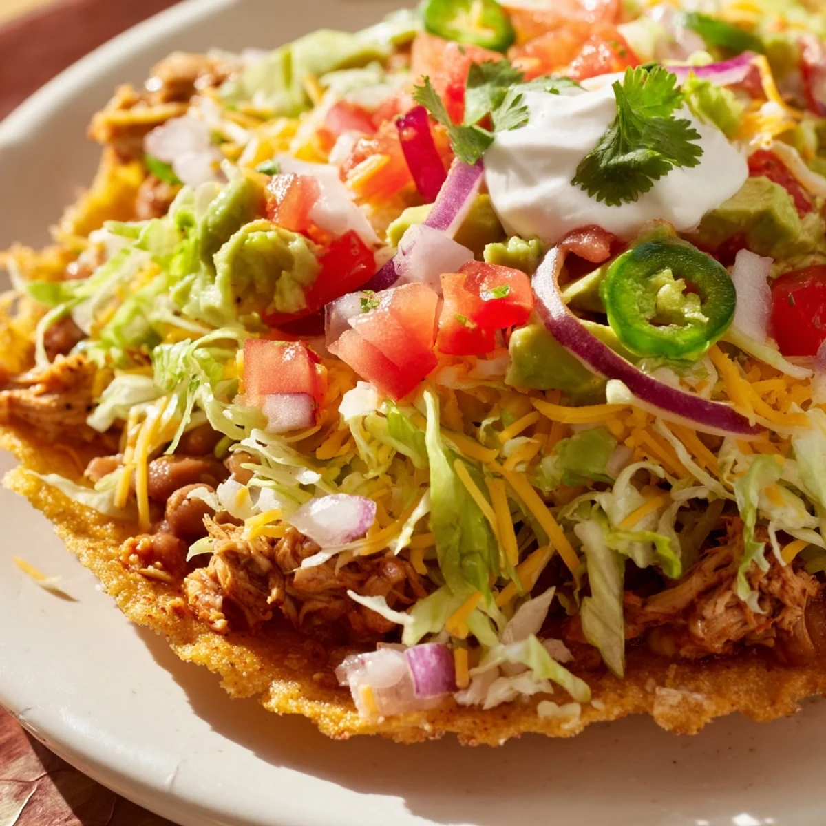 Delicious Chicken Tostadas featuring beans, red onion, and a squeeze of lime