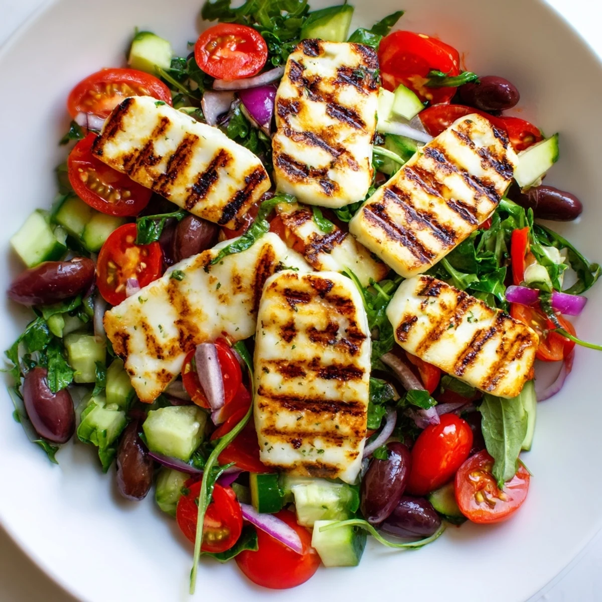 Golden grilled halloumi served atop a colorful Mediterranean salad with fresh vegetables