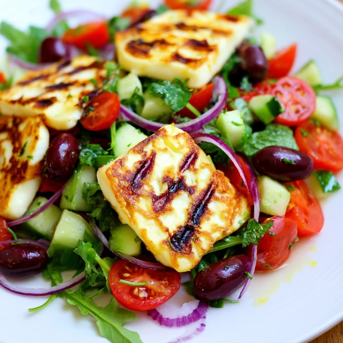 Savory grilled halloumi paired with crisp Mediterranean salad and aromatic fresh herbs