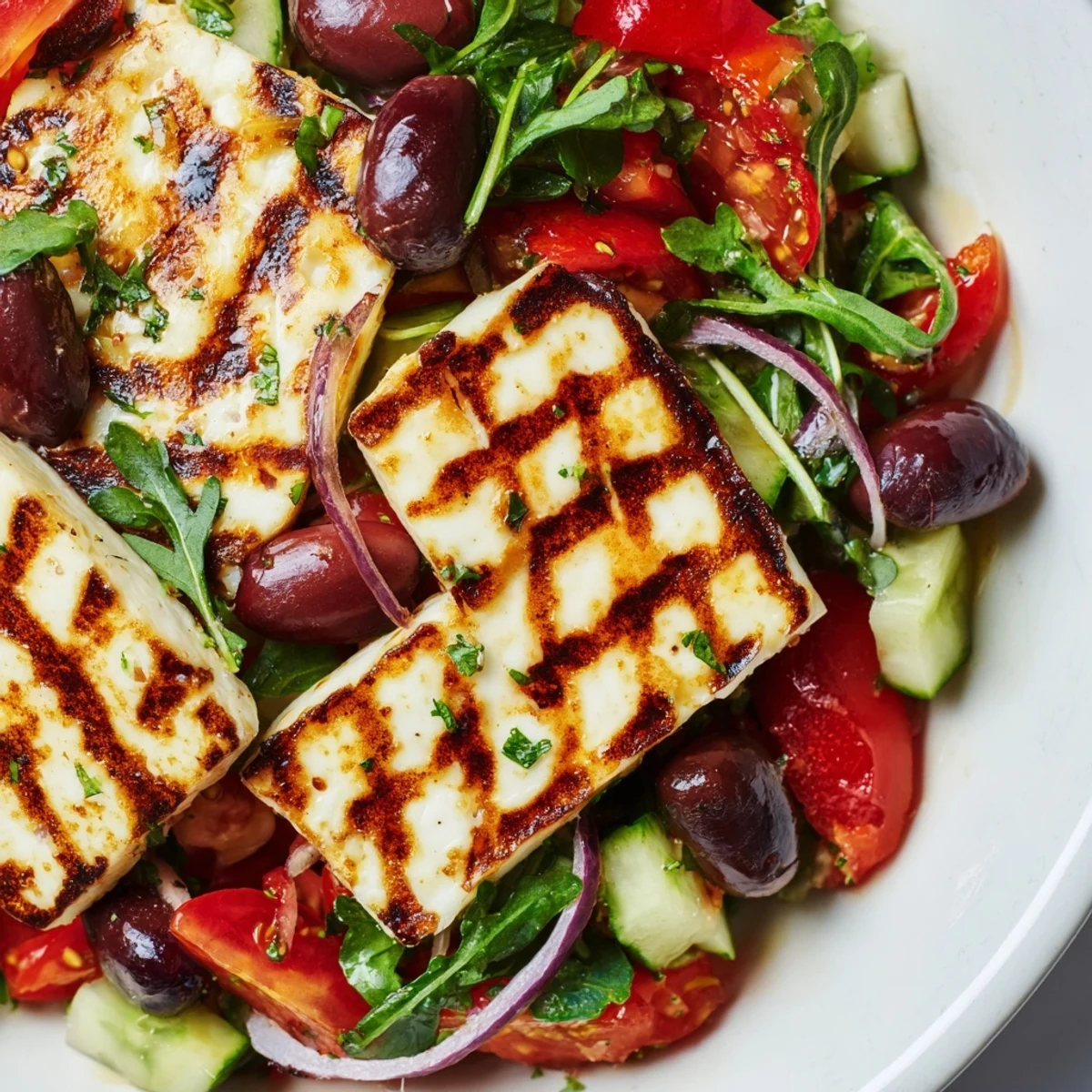 Warm slices of halloumi with a refreshing Mediterranean salad and zesty lemon dressing